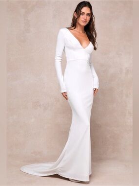 Elegant Long-Sleeve V-Neck White Women's Gown